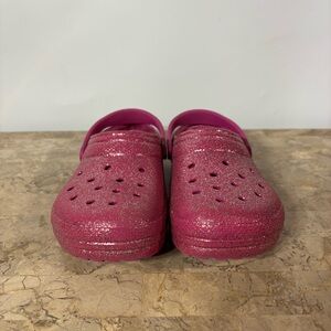 CROCS Girls Pink Glitter Classic Clog Fleece Lined Size J6